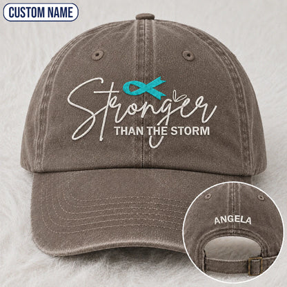 Personalized Stronger Than The Storm Teal Ribbon Embroidered Washed Cap