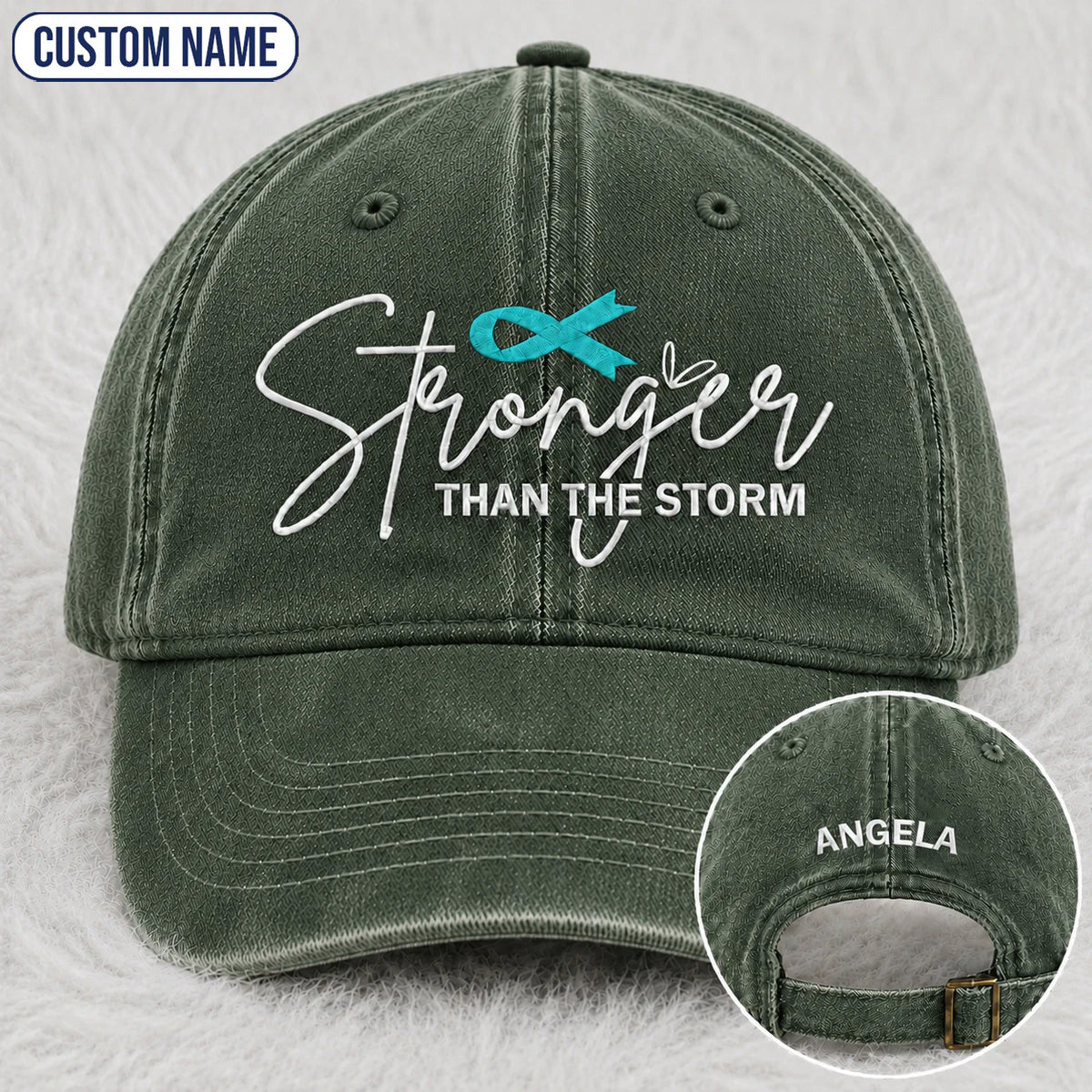 Personalized Stronger Than The Storm Teal Ribbon Embroidered Washed Cap