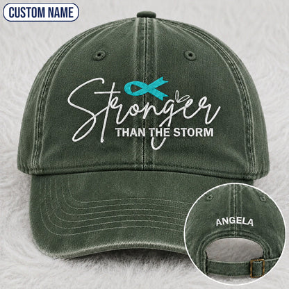 Personalized Stronger Than The Storm Teal Ribbon Embroidered Washed Cap