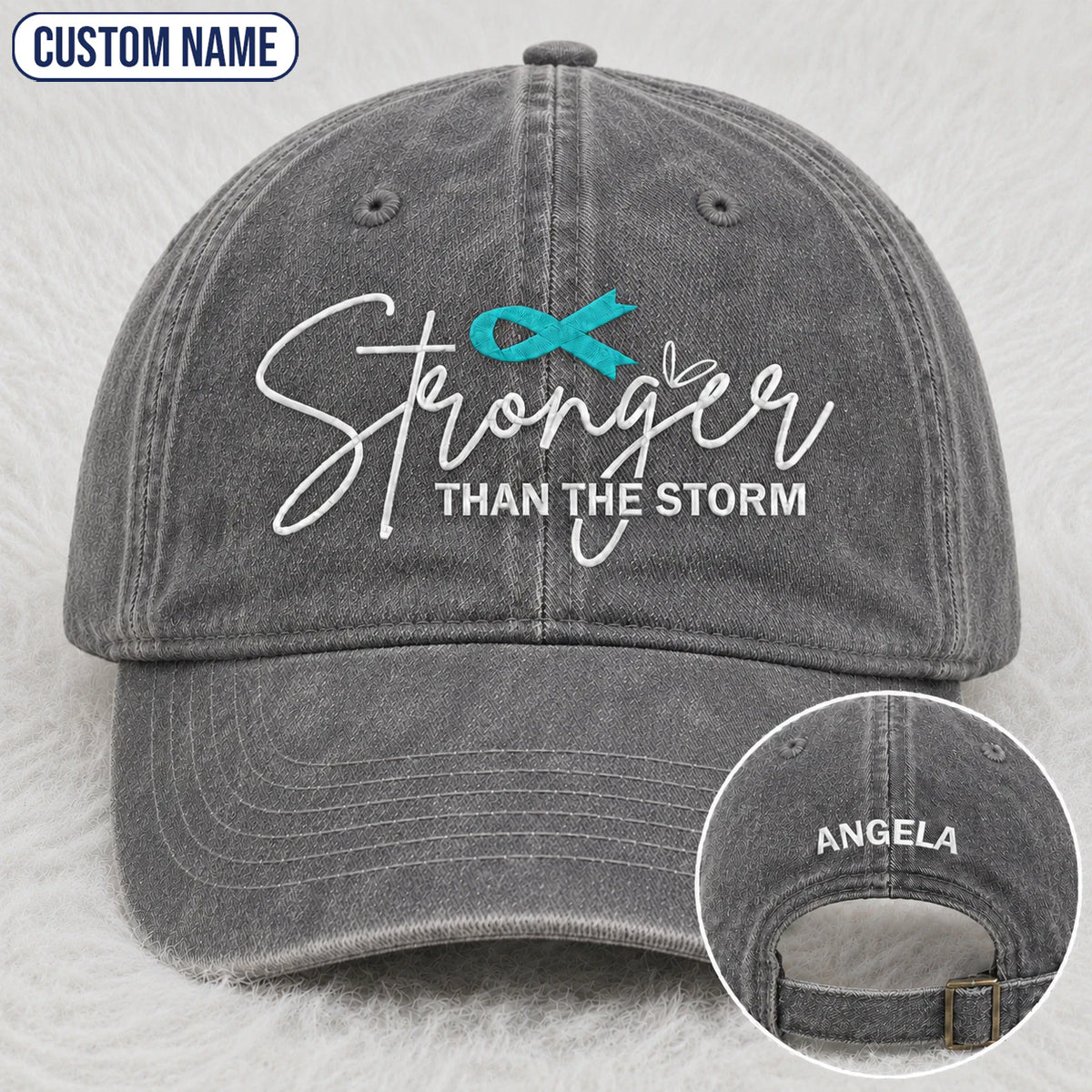 Personalized Stronger Than The Storm Teal Ribbon Embroidered Washed Cap