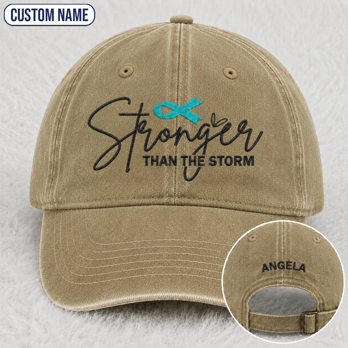 Personalized Stronger Than The Storm Teal Ribbon Embroidered Washed Cap