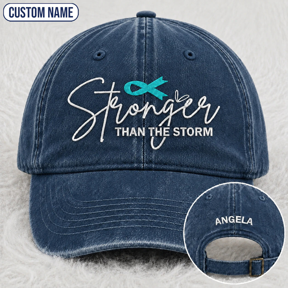 Personalized Stronger Than The Storm Teal Ribbon Embroidered Washed Cap