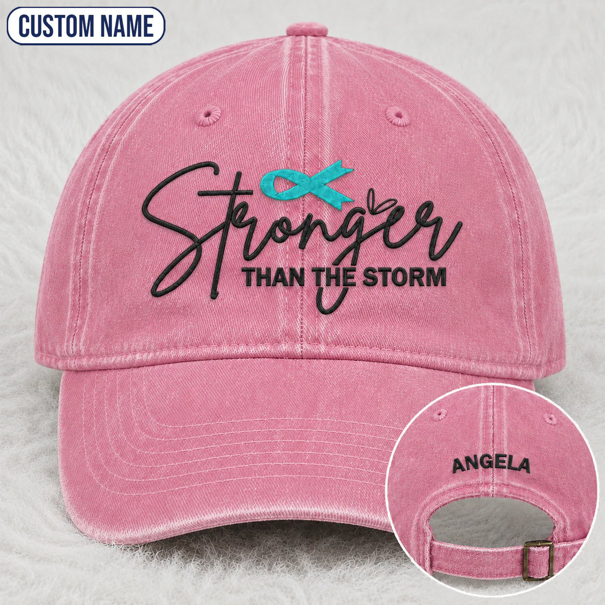 Personalized Stronger Than The Storm Teal Ribbon Embroidered Washed Cap