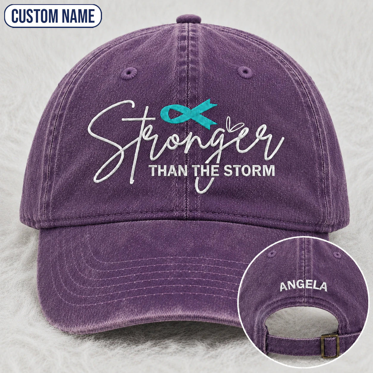 Personalized Stronger Than The Storm Teal Ribbon Embroidered Washed Cap