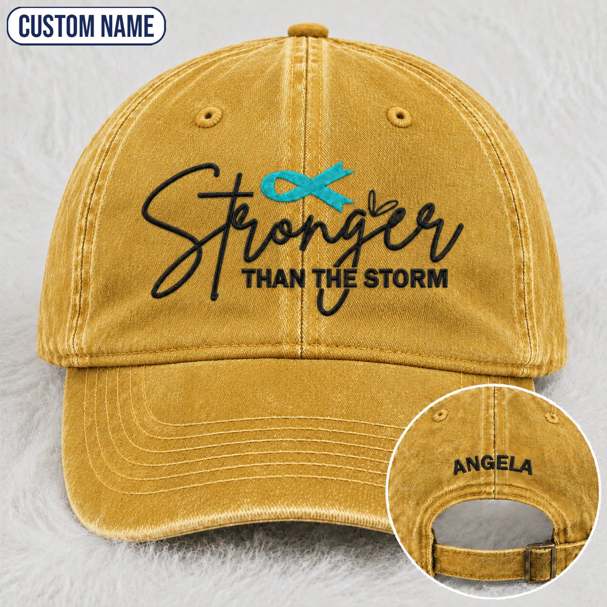 Personalized Stronger Than The Storm Teal Ribbon Embroidered Washed Cap