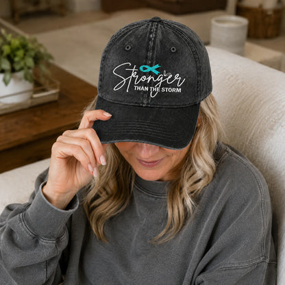 Personalized Stronger Than The Storm Teal Ribbon Embroidered Washed Cap