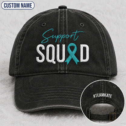Personalized Support Squad Teal Ribbon Embroidered Washed Cap