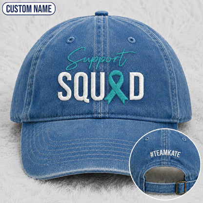 Personalized Support Squad Teal Ribbon Embroidered Washed Cap