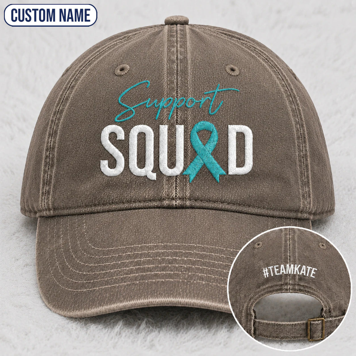 Personalized Support Squad Teal Ribbon Embroidered Washed Cap
