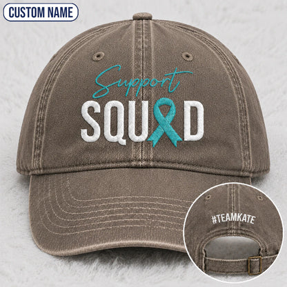 Personalized Support Squad Teal Ribbon Embroidered Washed Cap
