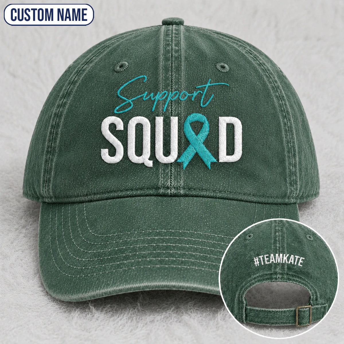 Personalized Support Squad Teal Ribbon Embroidered Washed Cap