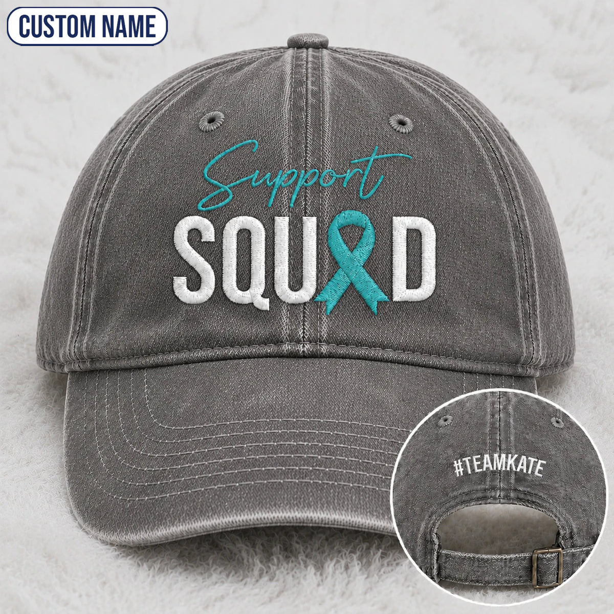 Personalized Support Squad Teal Ribbon Embroidered Washed Cap