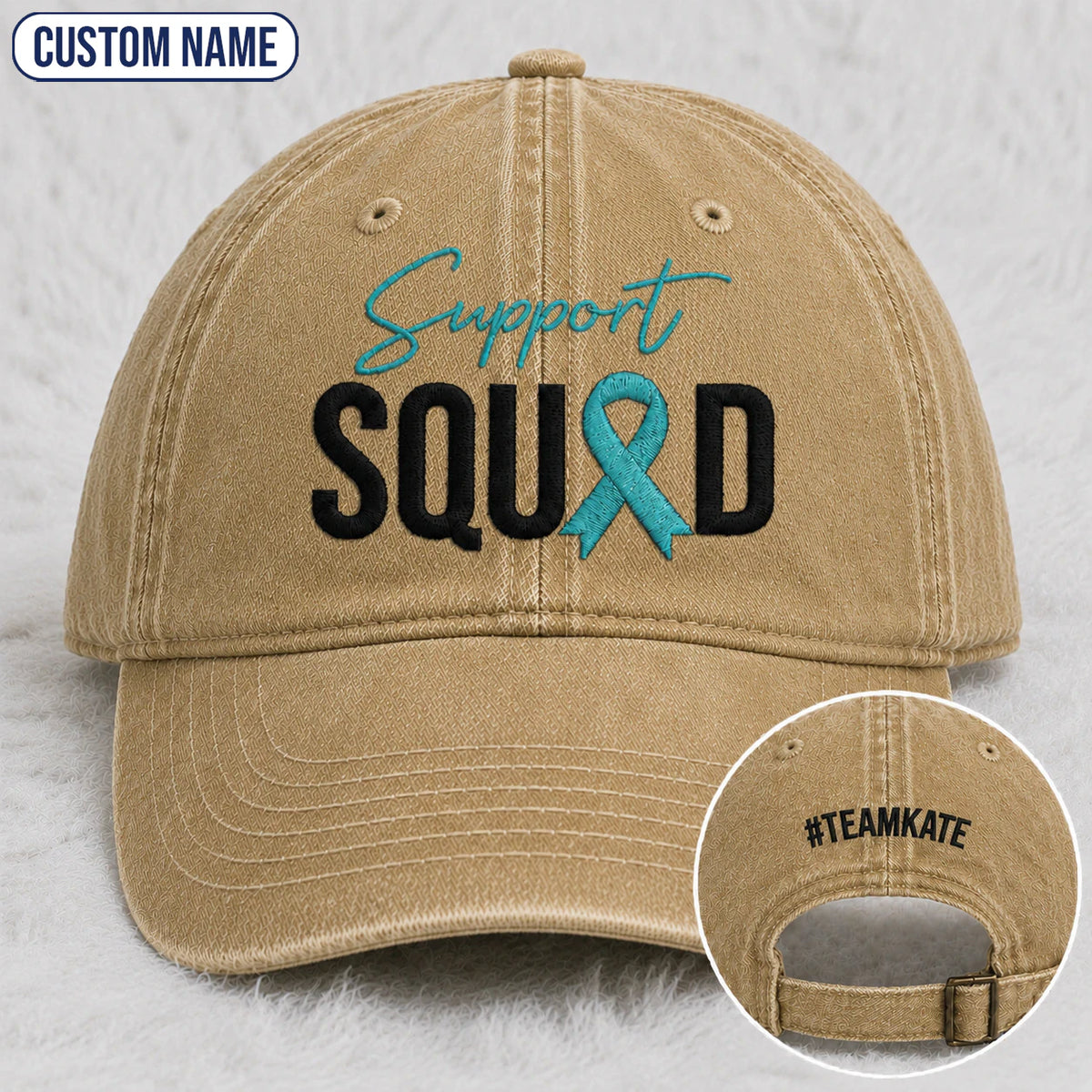 Personalized Support Squad Teal Ribbon Embroidered Washed Cap