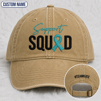 Personalized Support Squad Teal Ribbon Embroidered Washed Cap