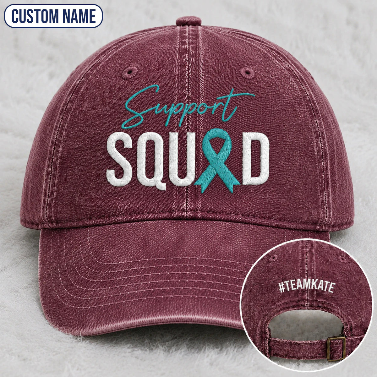 Personalized Support Squad Teal Ribbon Embroidered Washed Cap
