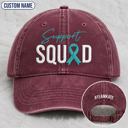 Personalized Support Squad Teal Ribbon Embroidered Washed Cap