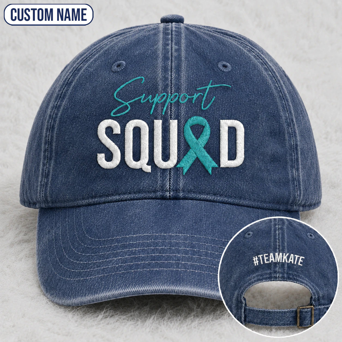 Personalized Support Squad Teal Ribbon Embroidered Washed Cap
