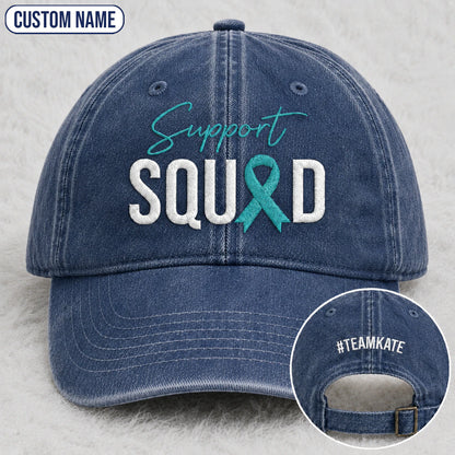 Personalized Support Squad Teal Ribbon Embroidered Washed Cap