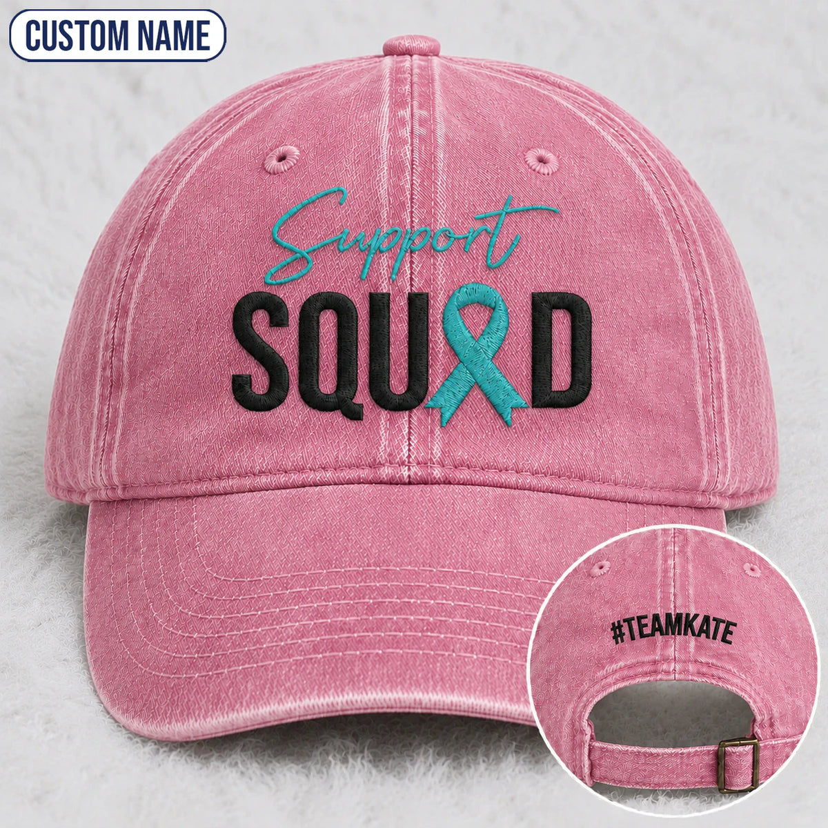 Personalized Support Squad Teal Ribbon Embroidered Washed Cap