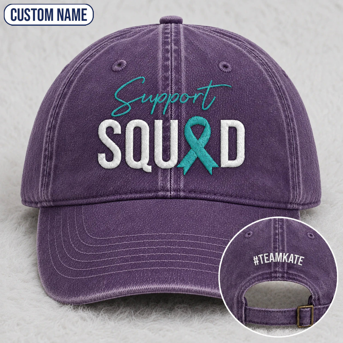 Personalized Support Squad Teal Ribbon Embroidered Washed Cap