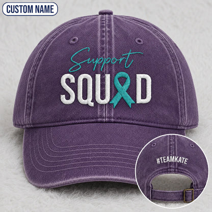 Personalized Support Squad Teal Ribbon Embroidered Washed Cap