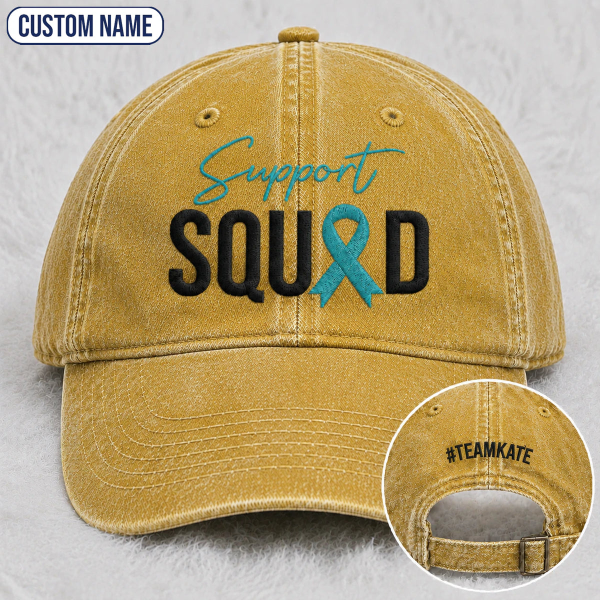 Personalized Support Squad Teal Ribbon Embroidered Washed Cap