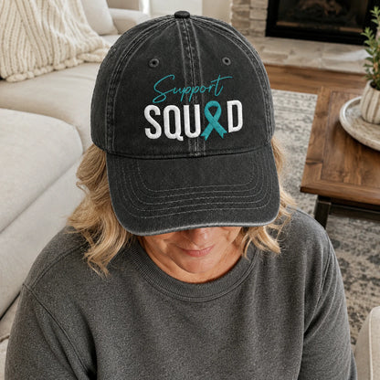 Personalized Support Squad Teal Ribbon Embroidered Washed Cap