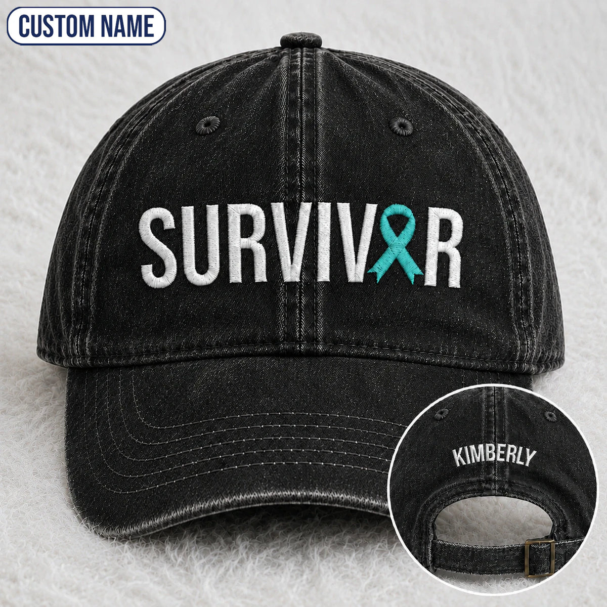 Personalized Survivor Teal Ribbon Embroidered Washed Cap