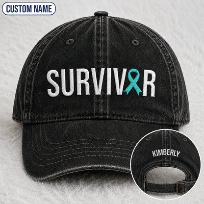 Personalized Survivor Teal Ribbon Embroidered Washed Cap