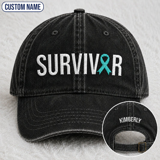 Personalized Survivor Teal Ribbon Embroidered Washed Cap