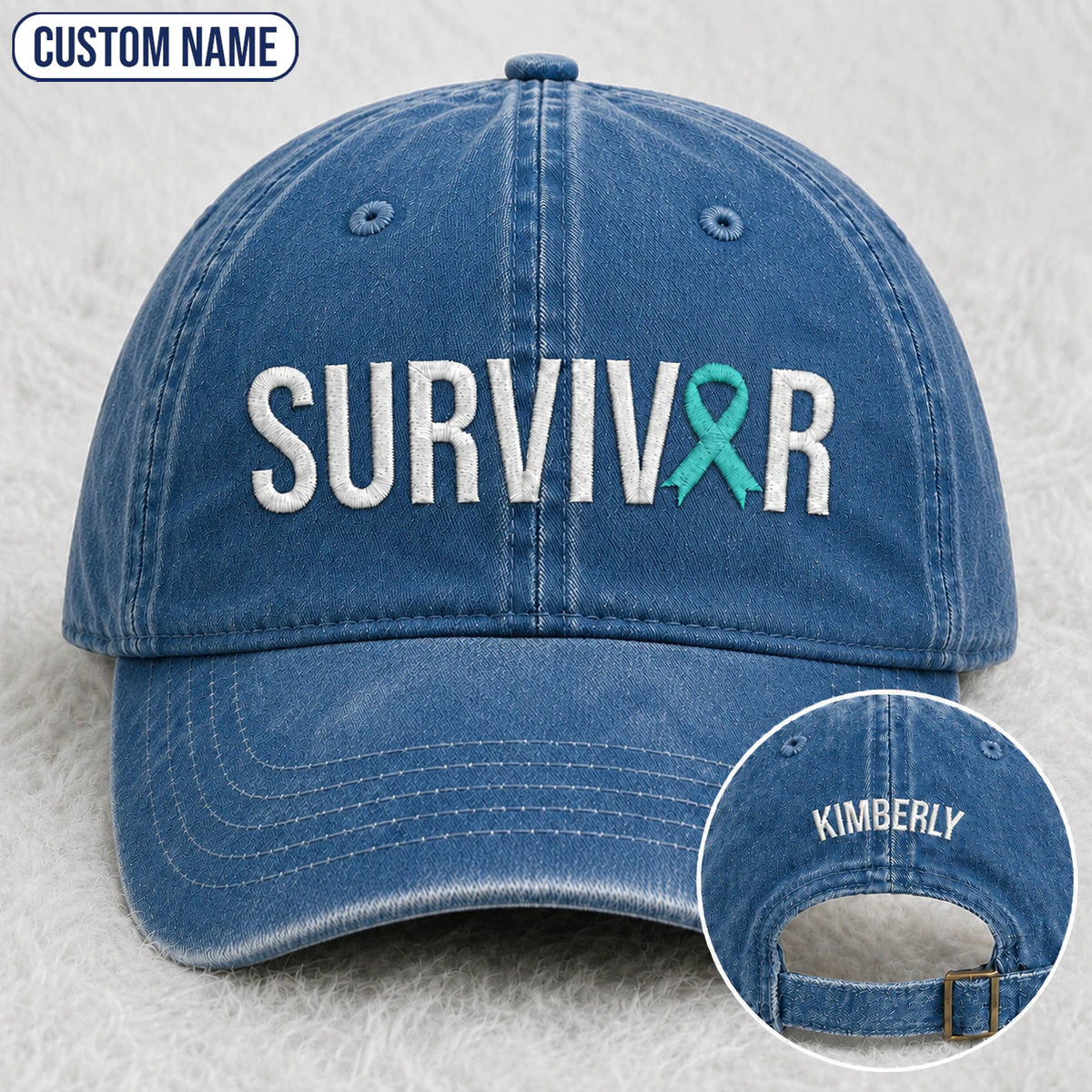 Personalized Survivor Teal Ribbon Embroidered Washed Cap