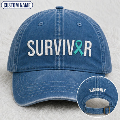 Personalized Survivor Teal Ribbon Embroidered Washed Cap