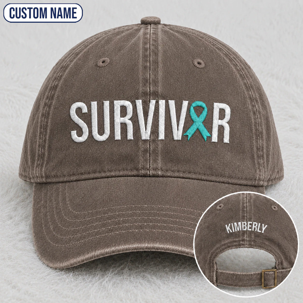 Personalized Survivor Teal Ribbon Embroidered Washed Cap