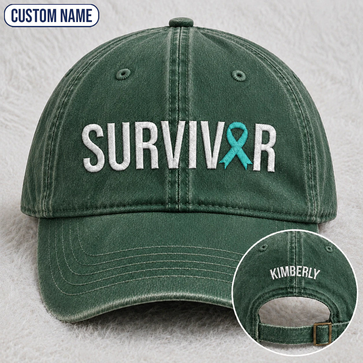 Personalized Survivor Teal Ribbon Embroidered Washed Cap