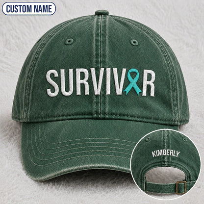 Personalized Survivor Teal Ribbon Embroidered Washed Cap