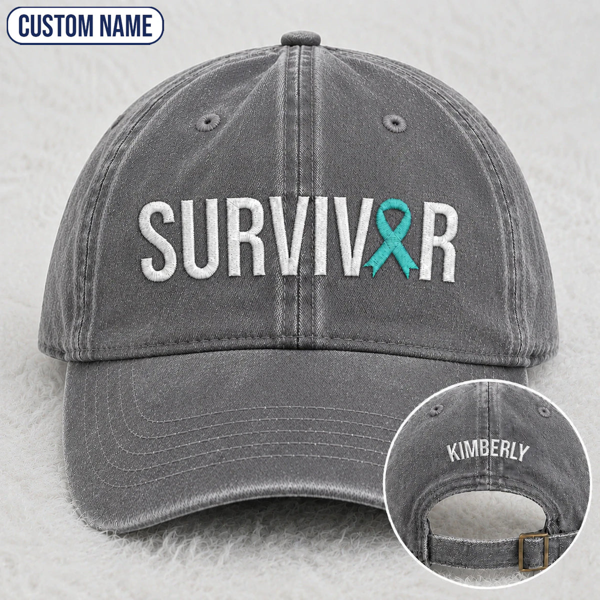 Personalized Survivor Teal Ribbon Embroidered Washed Cap