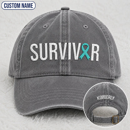 Personalized Survivor Teal Ribbon Embroidered Washed Cap