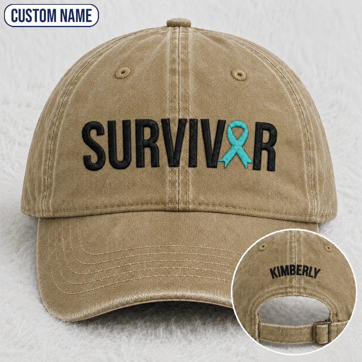 Personalized Survivor Teal Ribbon Embroidered Washed Cap