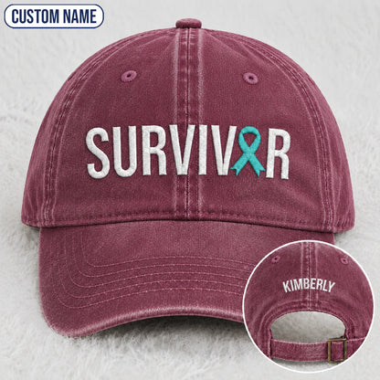Personalized Survivor Teal Ribbon Embroidered Washed Cap