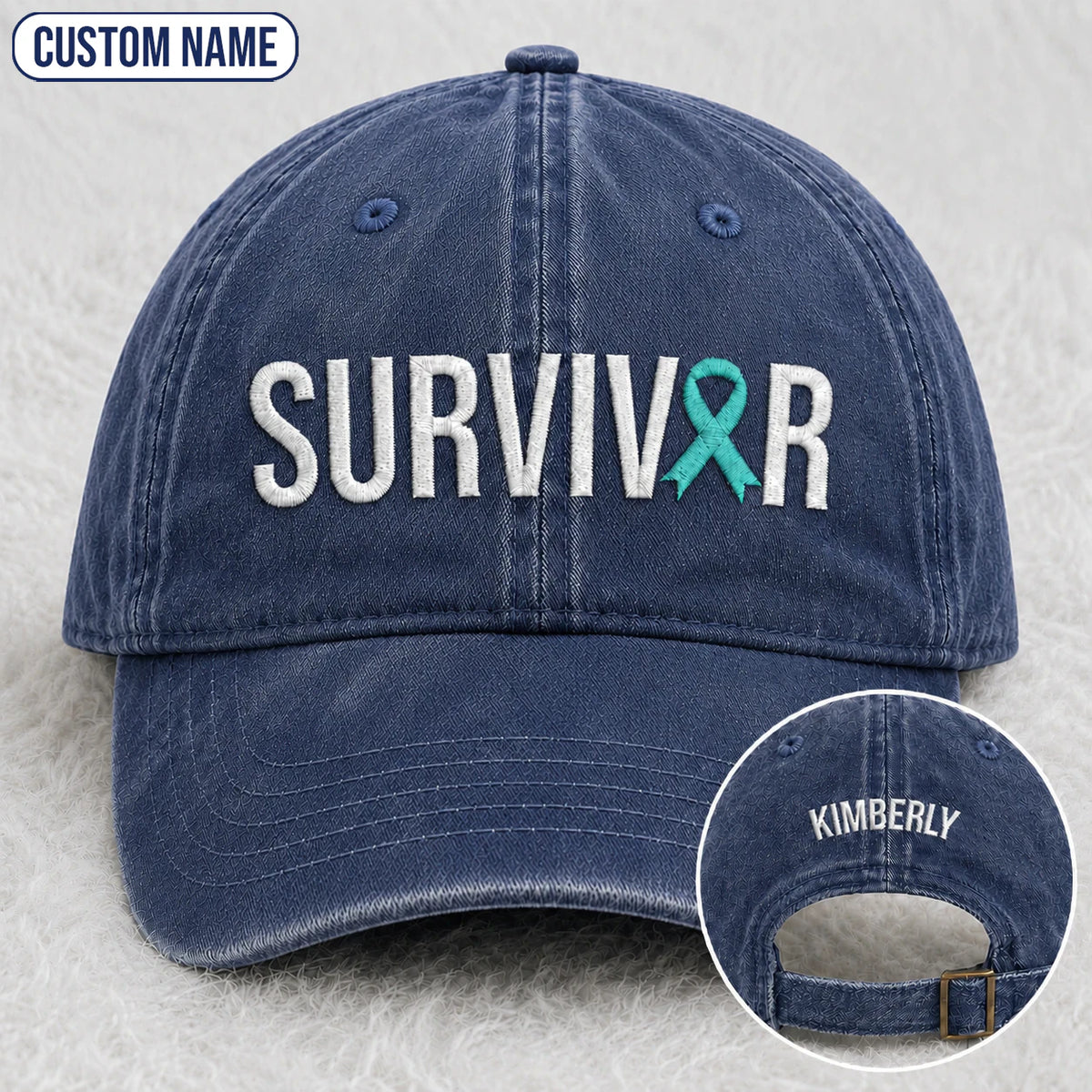 Personalized Survivor Teal Ribbon Embroidered Washed Cap