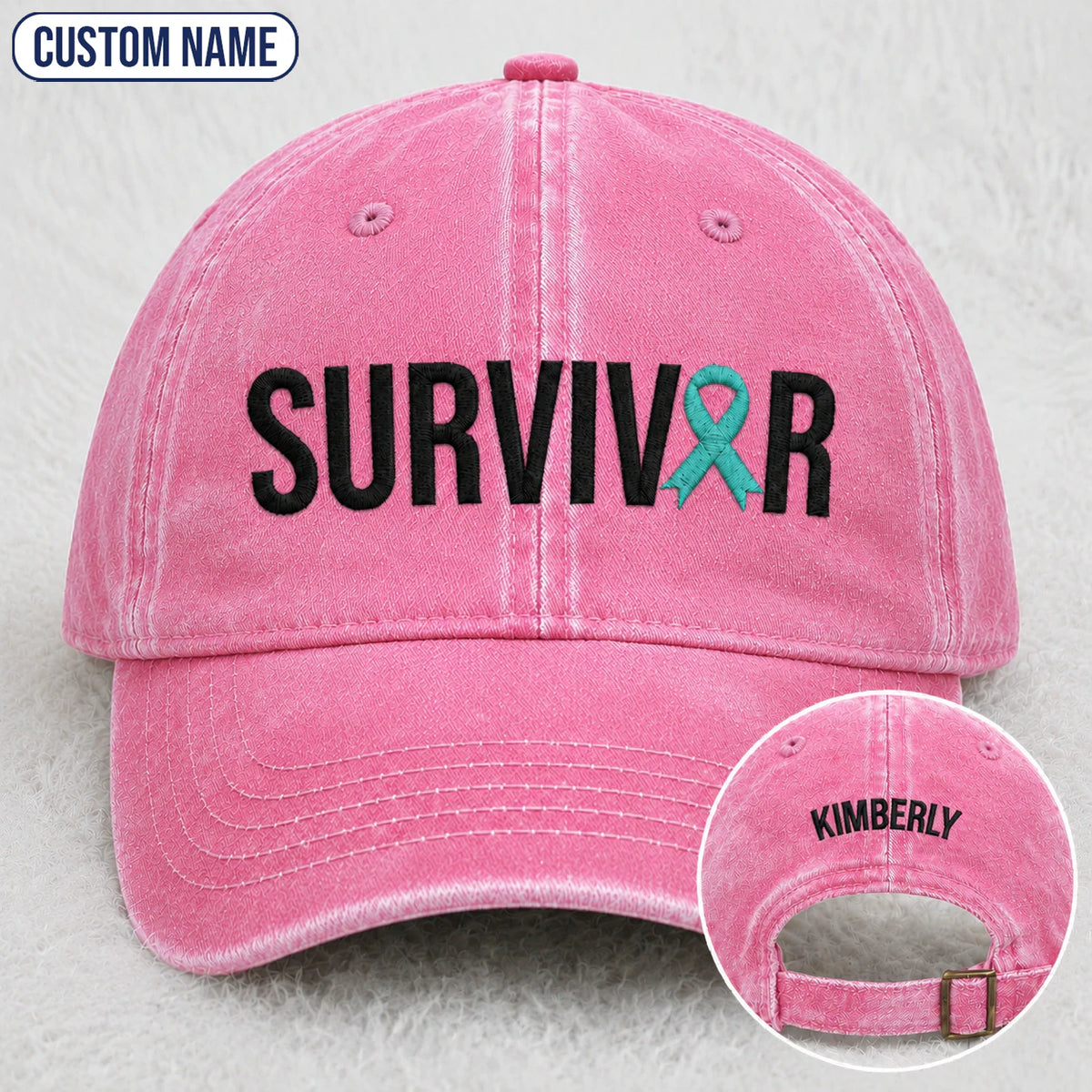 Personalized Survivor Teal Ribbon Embroidered Washed Cap