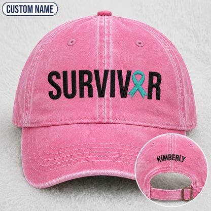 Personalized Survivor Teal Ribbon Embroidered Washed Cap