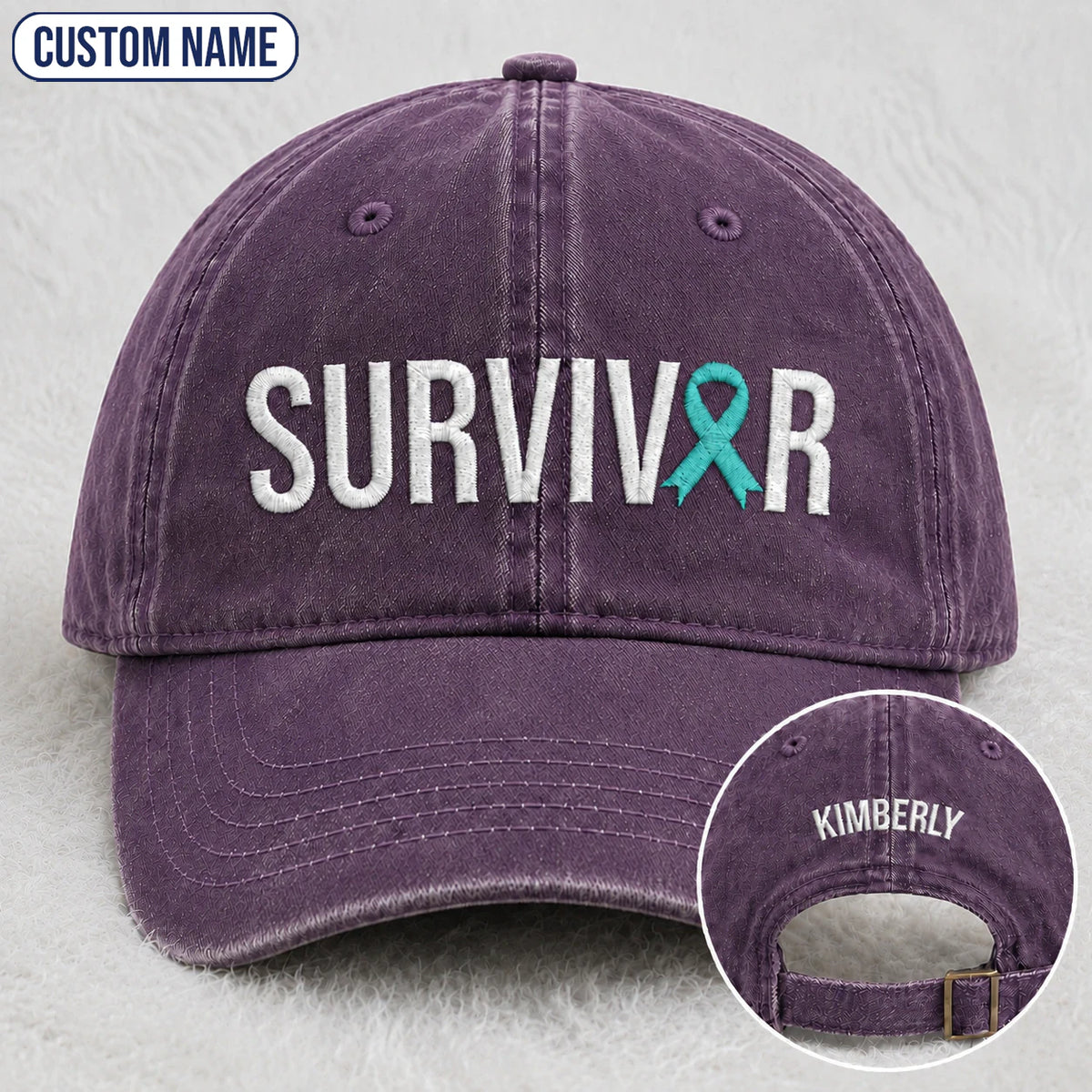 Personalized Survivor Teal Ribbon Embroidered Washed Cap