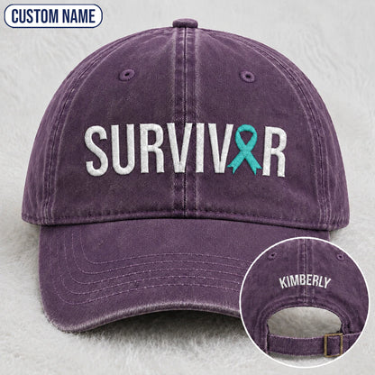 Personalized Survivor Teal Ribbon Embroidered Washed Cap