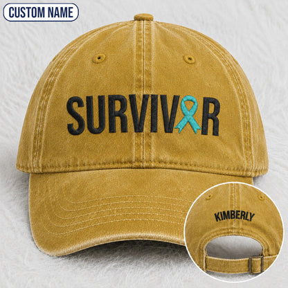 Personalized Survivor Teal Ribbon Embroidered Washed Cap