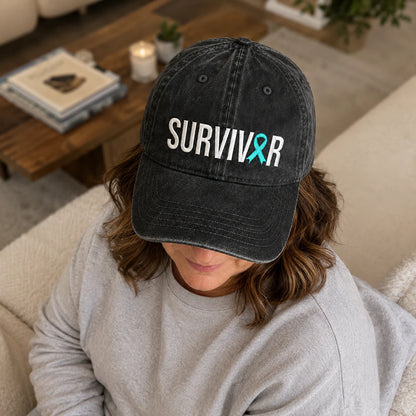 Personalized Survivor Teal Ribbon Embroidered Washed Cap