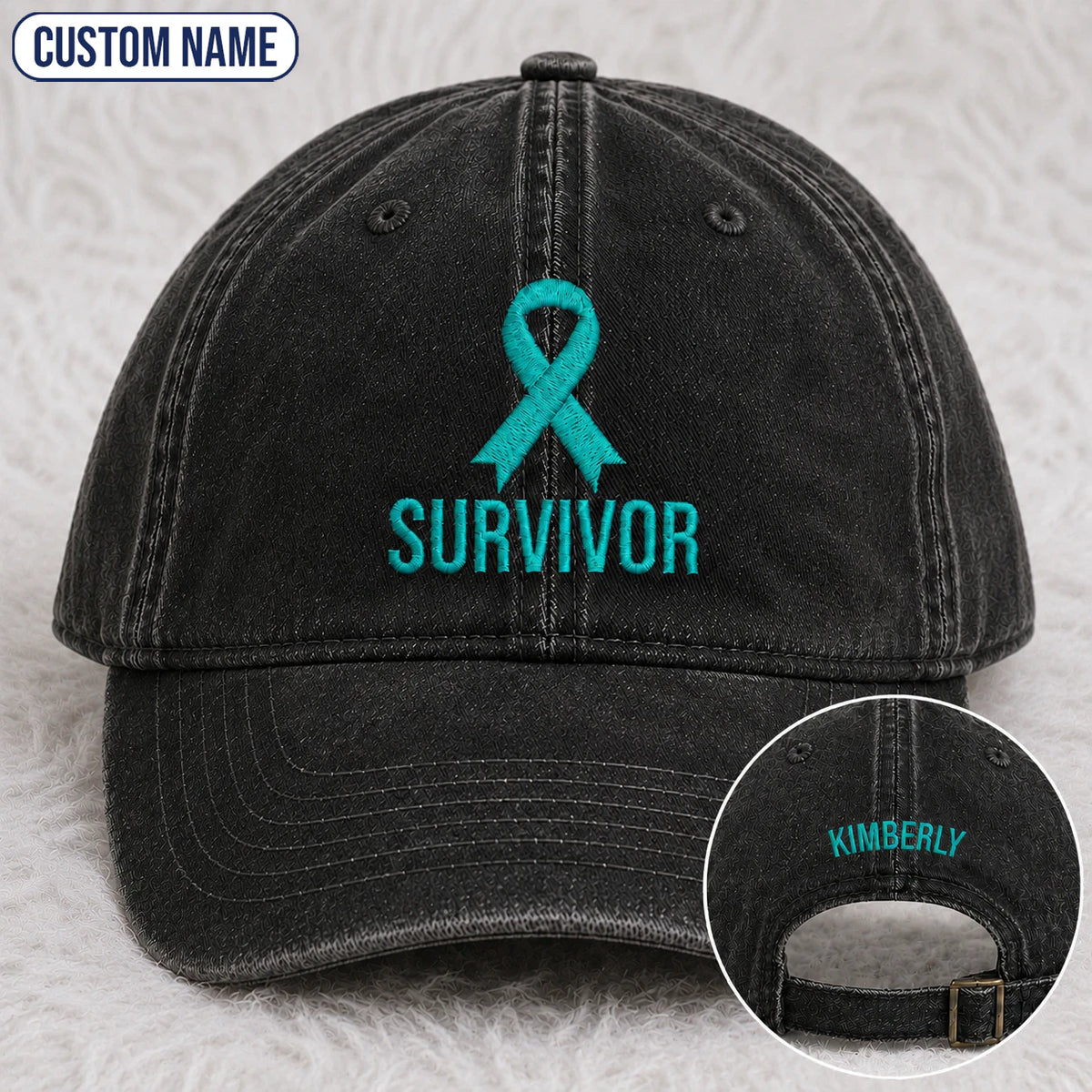 Personalized Survivor Ribbon Teal Ribbon Embroidered Washed Cap