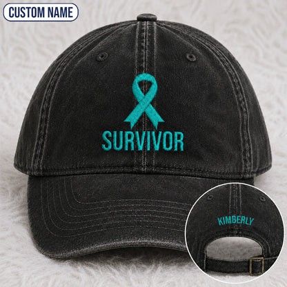 Personalized Survivor Ribbon Teal Ribbon Embroidered Washed Cap
