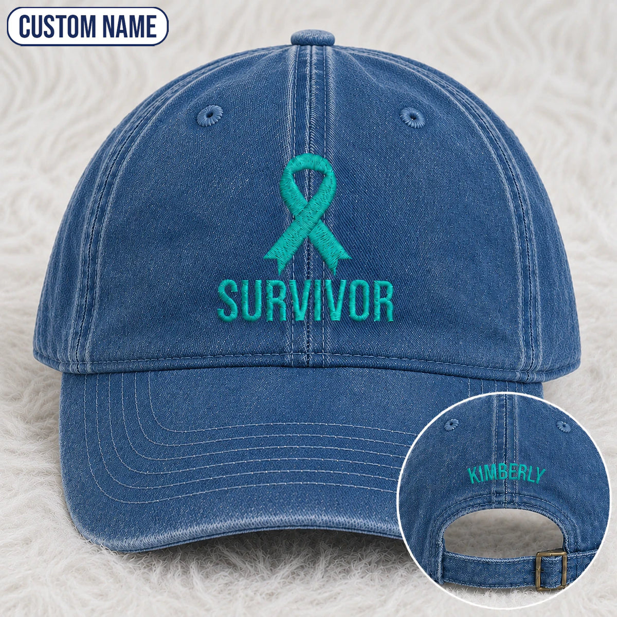 Personalized Survivor Ribbon Teal Ribbon Embroidered Washed Cap
