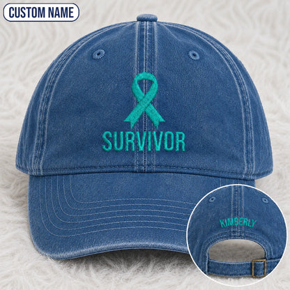 Personalized Survivor Ribbon Teal Ribbon Embroidered Washed Cap